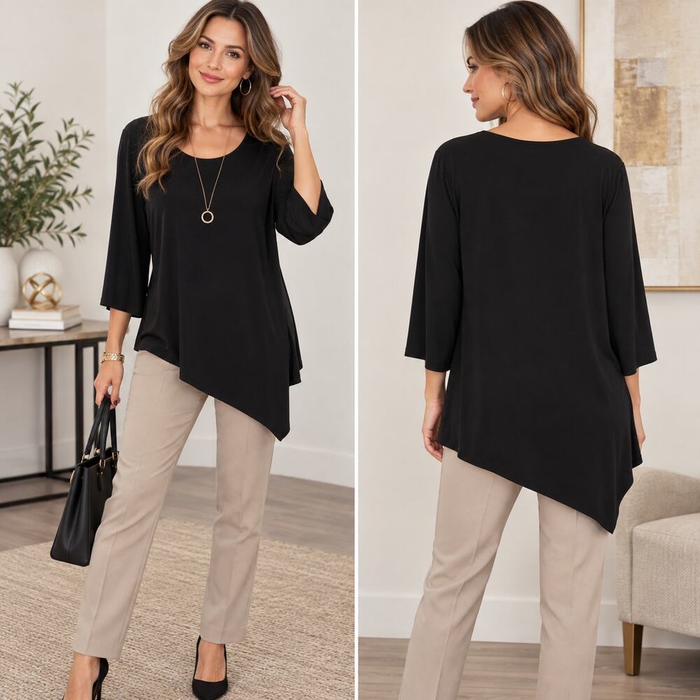 Susan Graver Liquid Knit Asymmetrical Blouse Women's Size 2X Black Minimalist